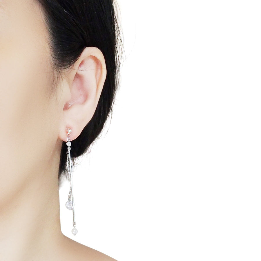 Dangle Silver Cubic Zirconia & Pearl Invisible Clip On Earrings