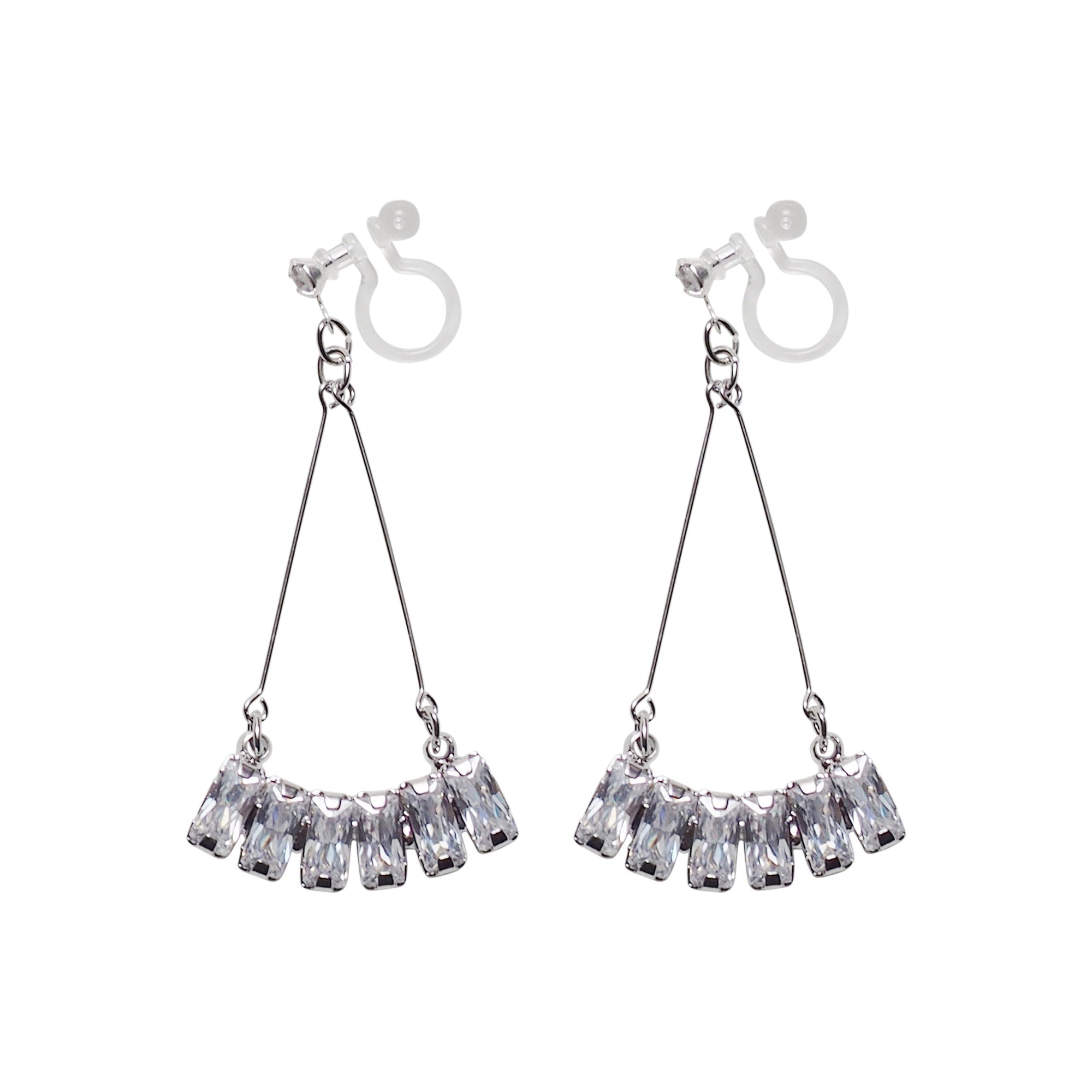 Dangle Silver Fringe Rihnestone Crystal Invisible Clip On Earrings - Miyabi Grace