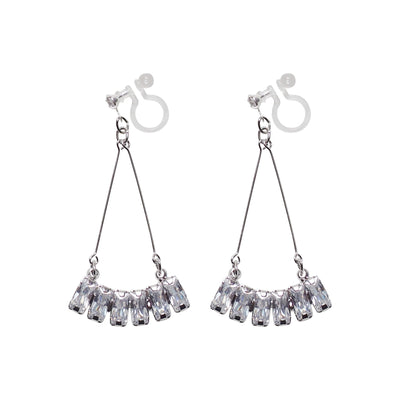 Dangle Silver Fringe Rihnestone Crystal Invisible Clip On Earrings - Miyabi Grace