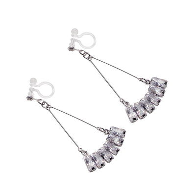 Dangle Silver Fringe Rihnestone Crystal Invisible Clip On Earrings - Miyabi Grace