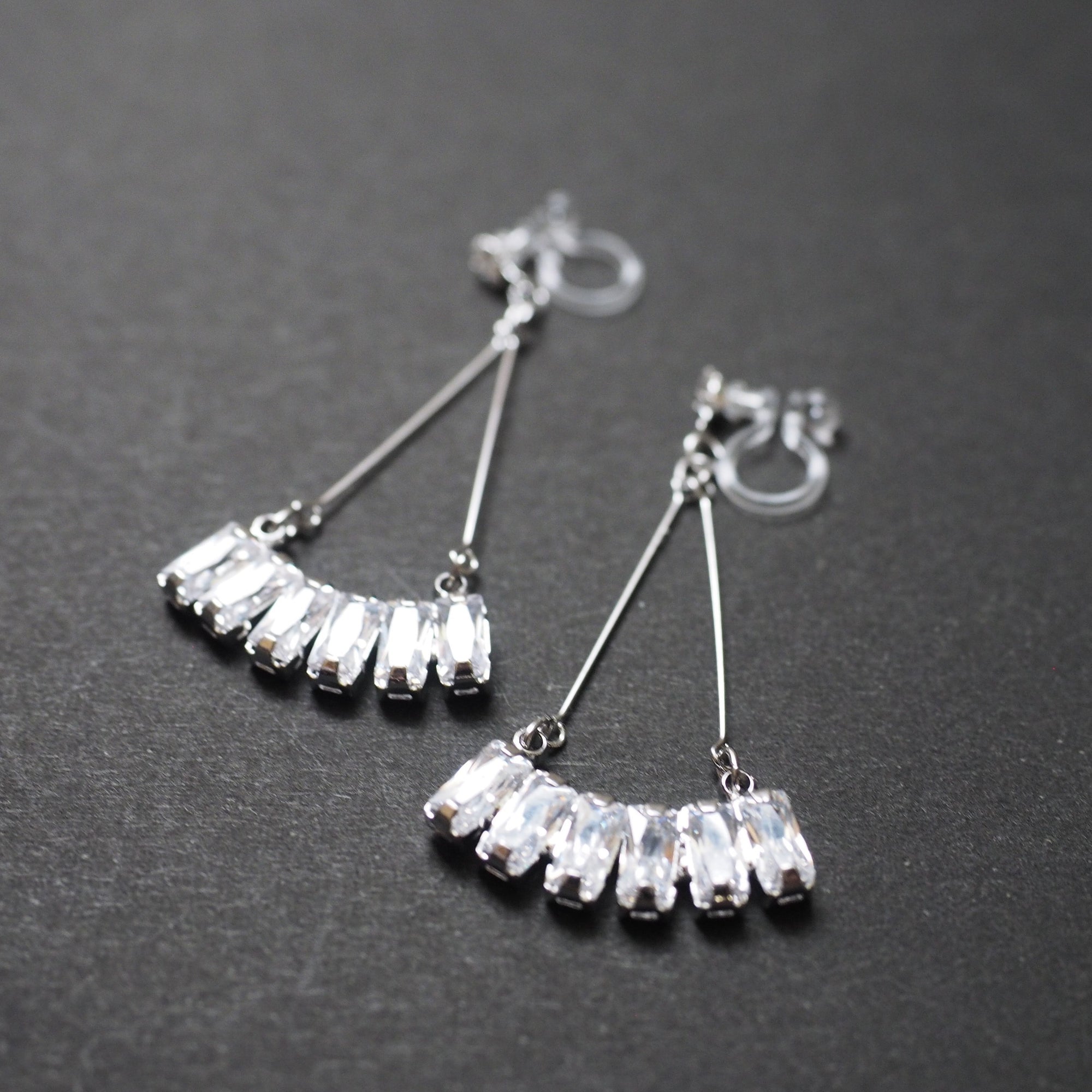 Dangle Silver Fringe Rihnestone Crystal Invisible Clip On Earrings - Miyabi Grace