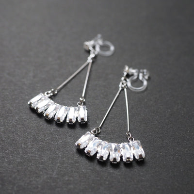 Dangle Silver Fringe Rihnestone Crystal Invisible Clip On Earrings - Miyabi Grace
