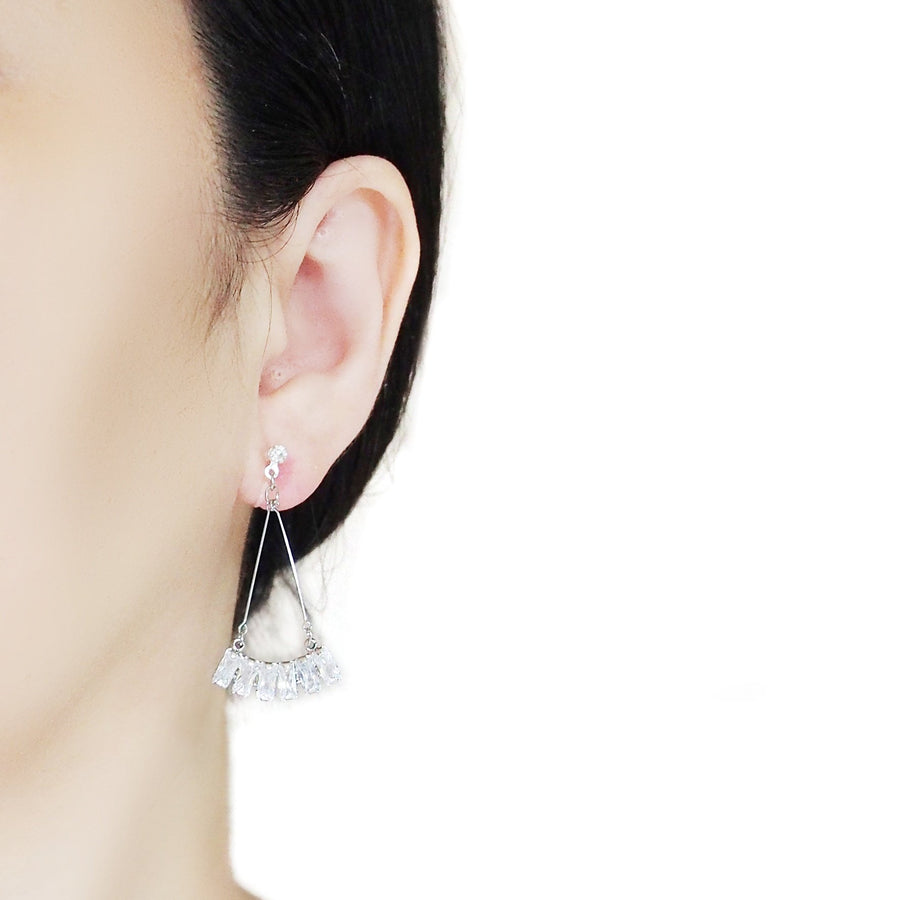 Dangle Silver Fringe Rihnestone Crystal Invisible Clip On Earrings - Miyabi Grace