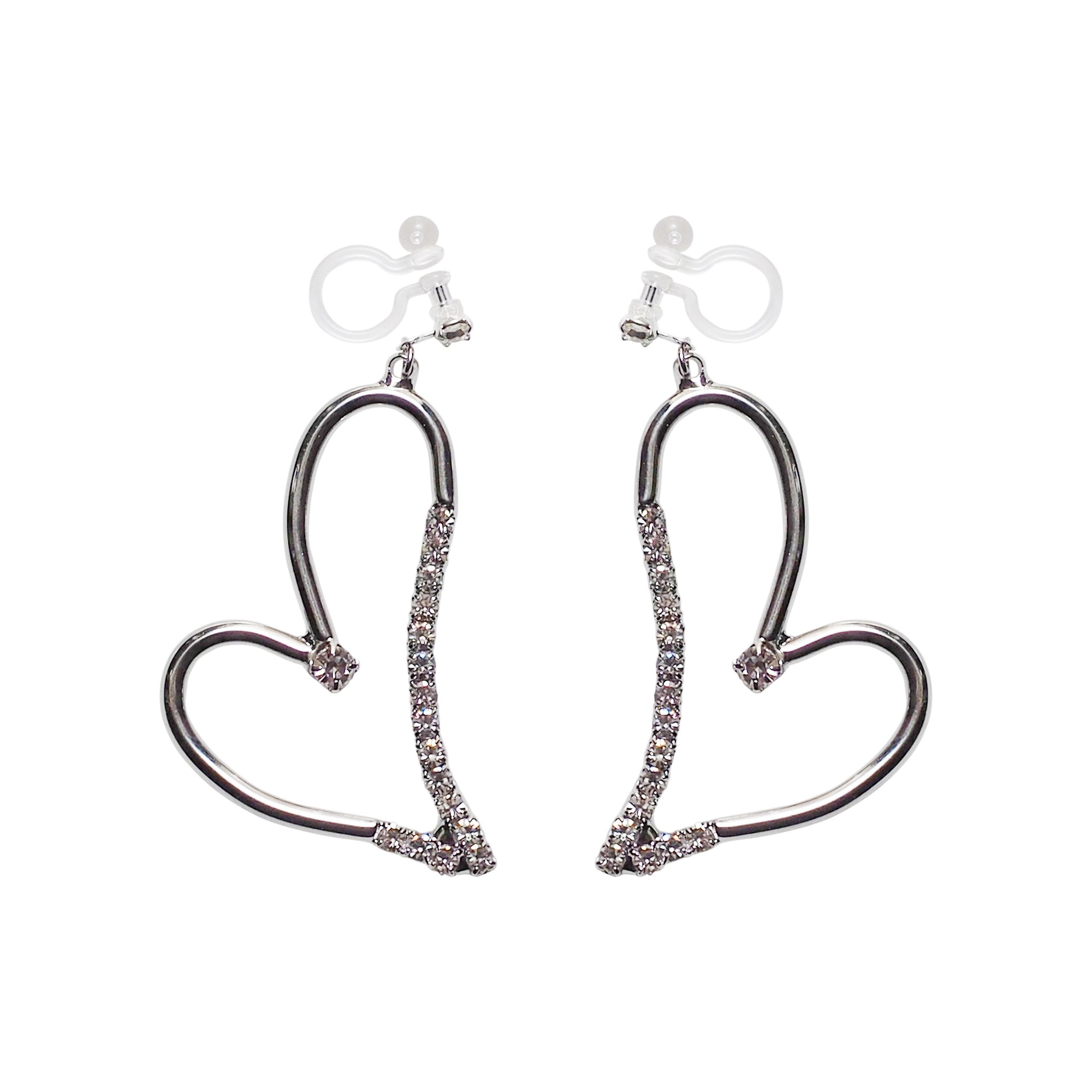 Dangle Silver Heart Rihnestone Crystal Invisible Clip On Earrings - Miyabi Grace