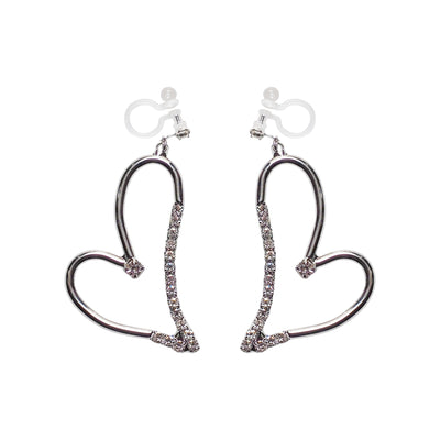 Dangle Silver Heart Rihnestone Crystal Invisible Clip On Earrings - Miyabi Grace