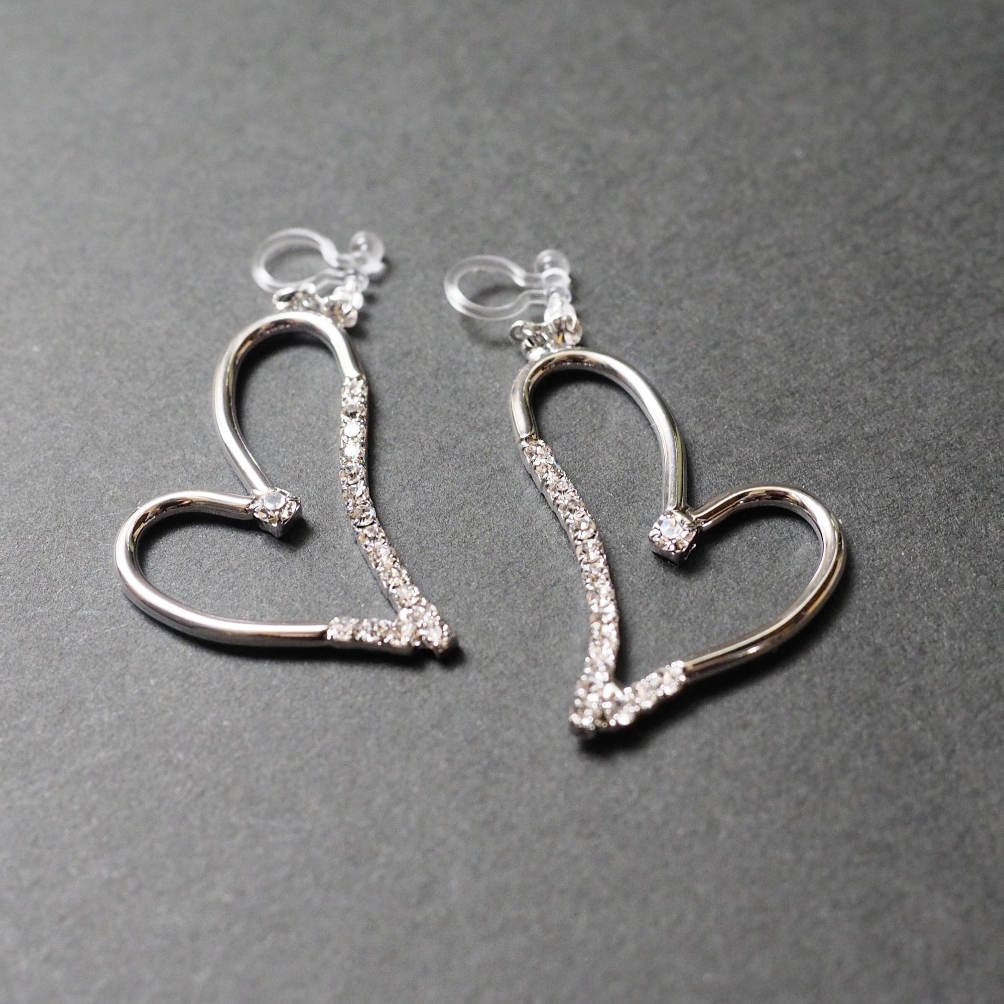 Dangle Silver Heart Rihnestone Crystal Invisible Clip On Earrings - Miyabi Grace