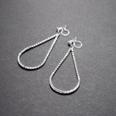 Dangle Silver Teardrop Rihnestone Crystal Invisible Clip On Earrings - Miyabi Grace