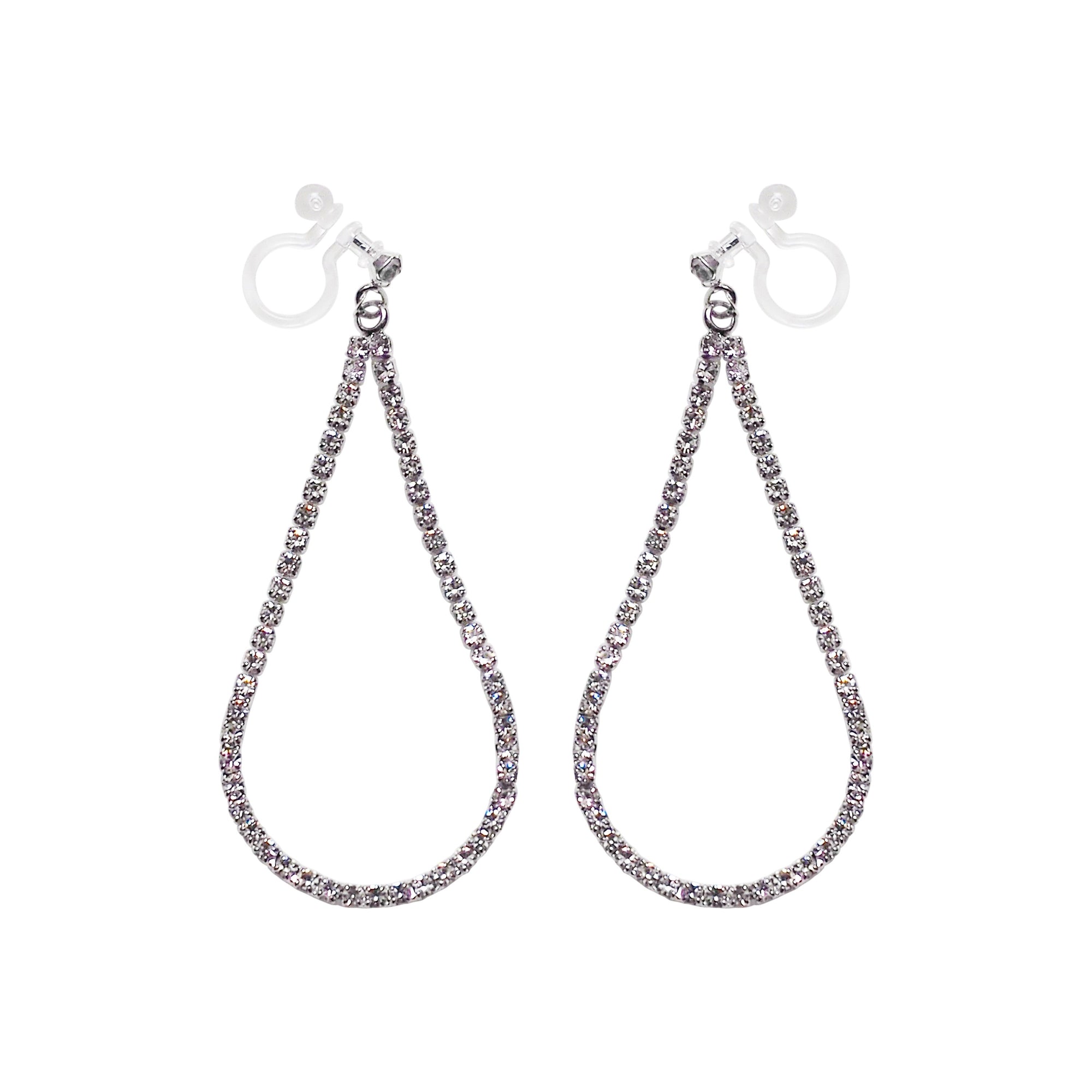 Dangle Silver Teardrop Rihnestone Crystal Invisible Clip On Earrings - Miyabi Grace