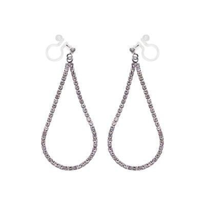 Dangle Silver Teardrop Rihnestone Crystal Invisible Clip On Earrings - Miyabi Grace