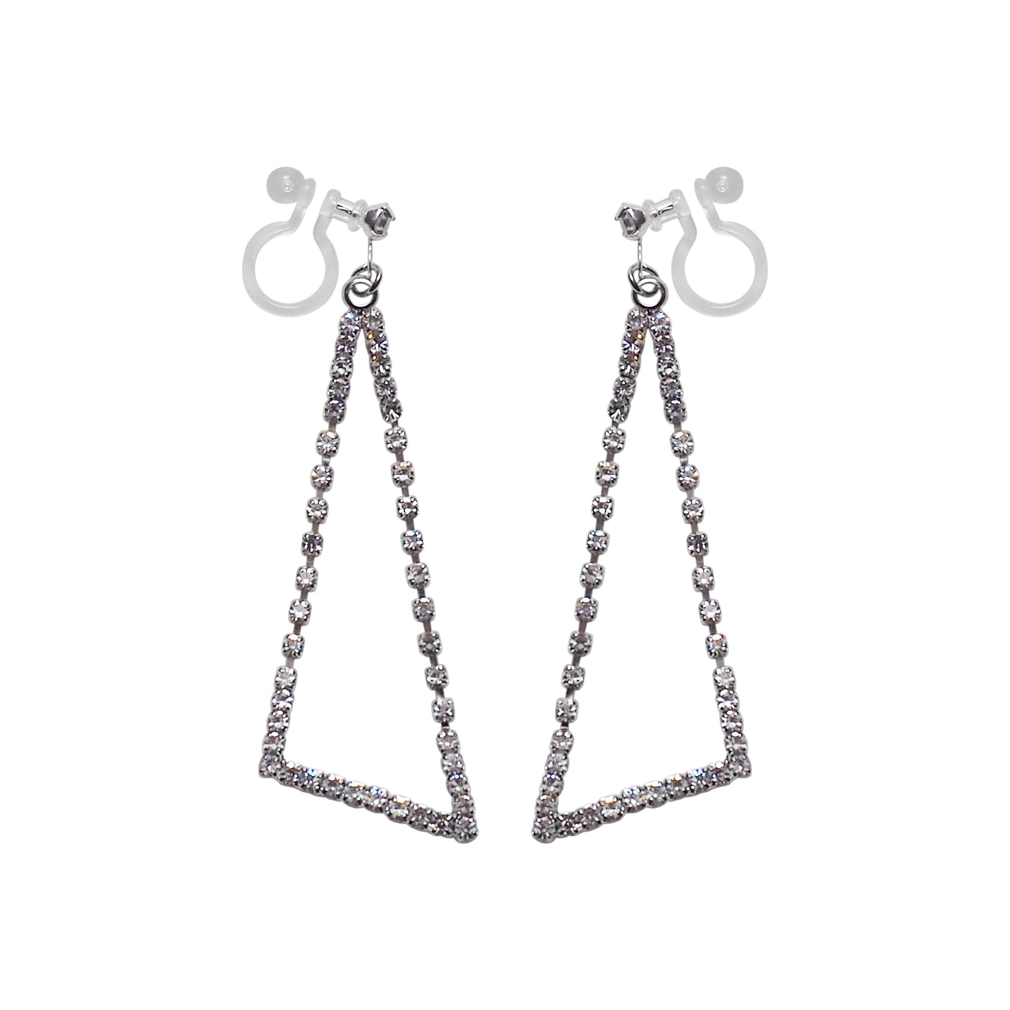 Dangle Silver Triangle Rhinestone Crystal Invisible Clip On Earrings