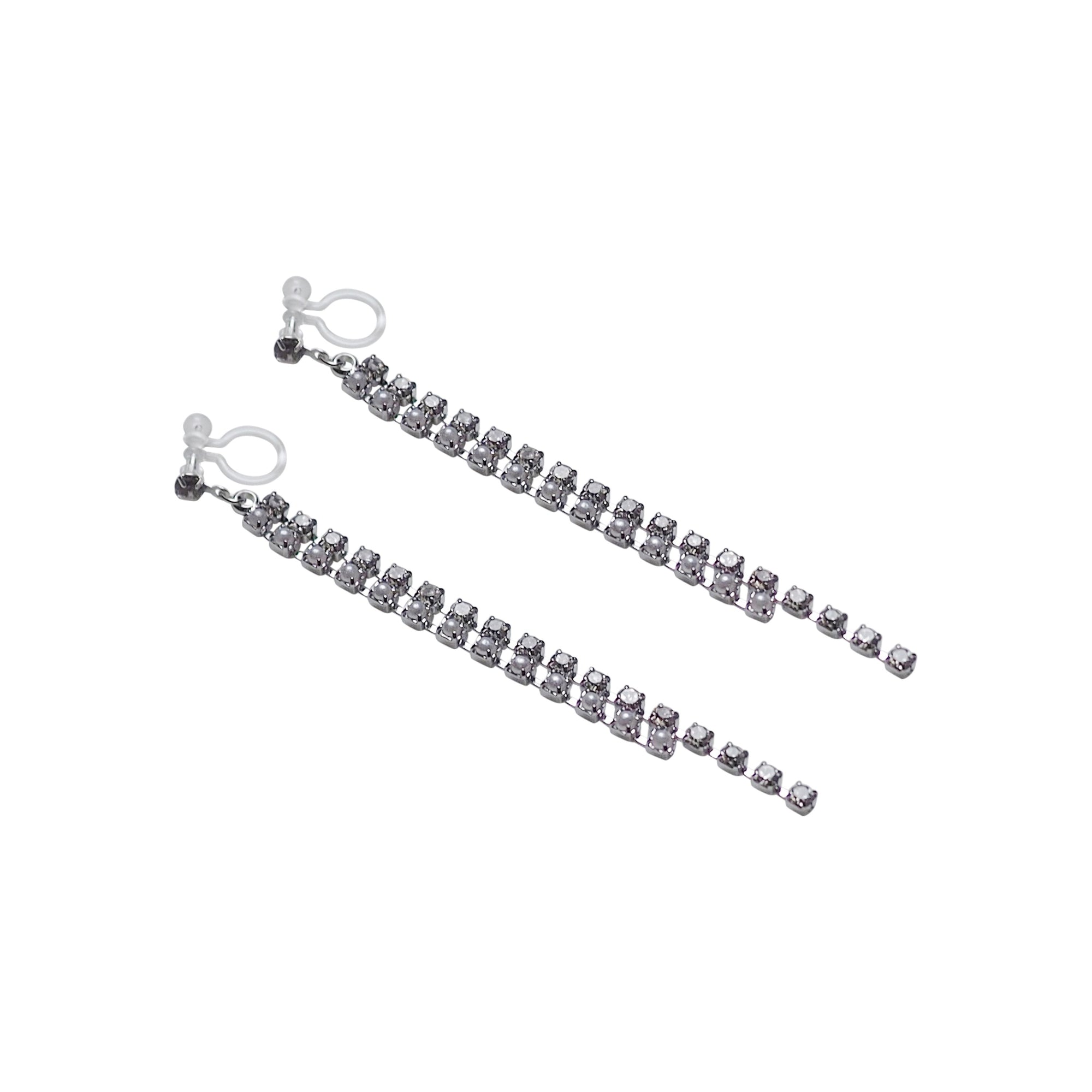 Dangle Silver Long Pearl & Rhinestone Crystal Invisible Clip On Earrings - Miyabi Grace