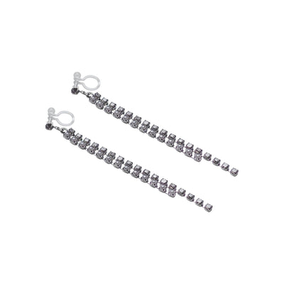 Dangle Silver Long Pearl & Rhinestone Crystal Invisible Clip On Earrings - Miyabi Grace