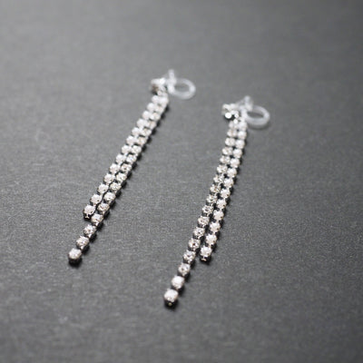 Dangle Silver Long Pearl & Rhinestone Crystal Invisible Clip On Earrings - Miyabi Grace