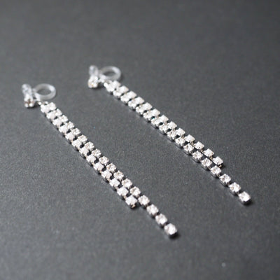 Dangle Silver Long Pearl & Rhinestone Crystal Invisible Clip On Earrings - Miyabi Grace