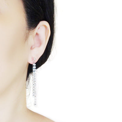 Dangle Silver Long Pearl & Rhinestone Crystal Invisible Clip On Earrings - Miyabi Grace