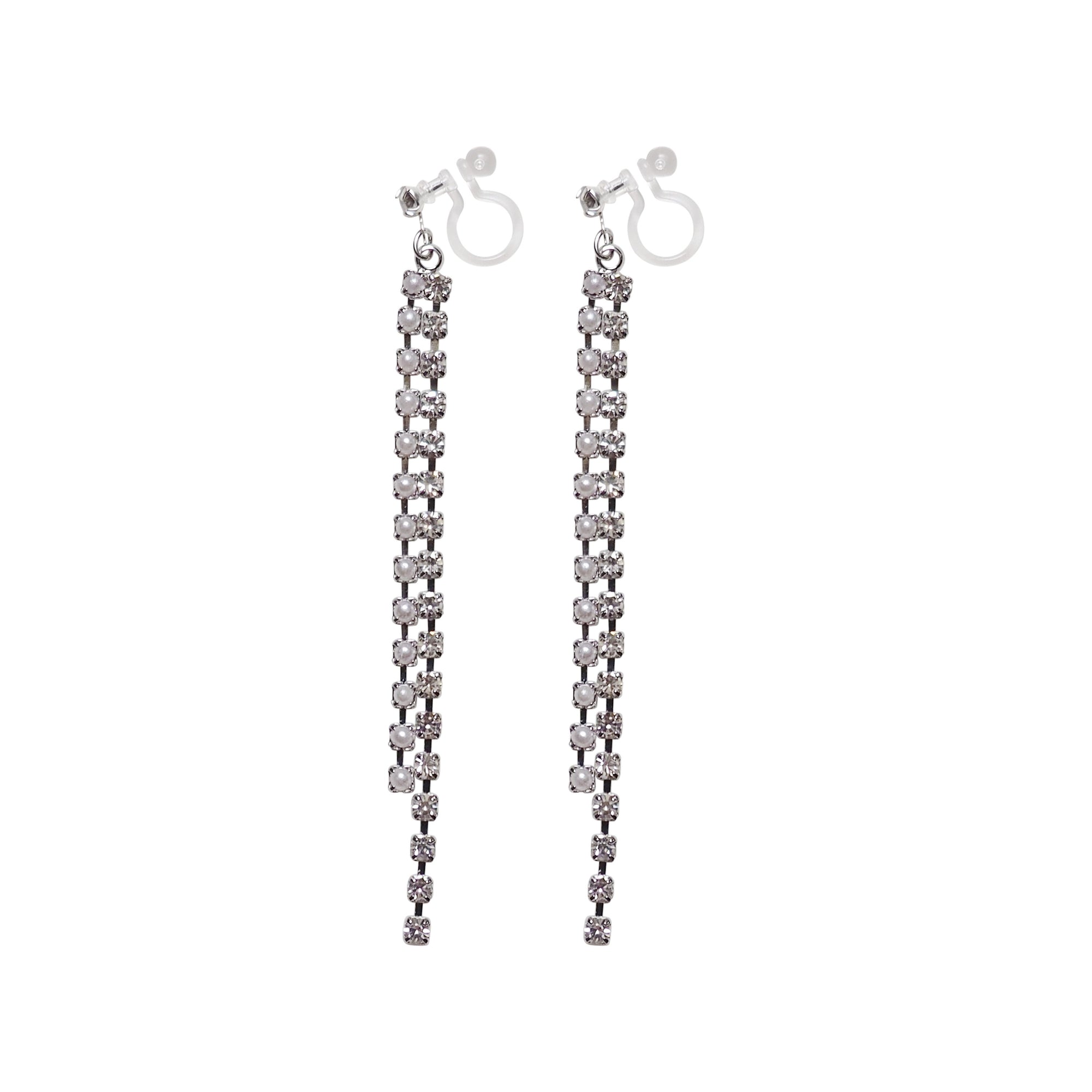 Dangle Silver Long Pearl & Rhinestone Crystal Invisible Clip On Earrings - Miyabi Grace