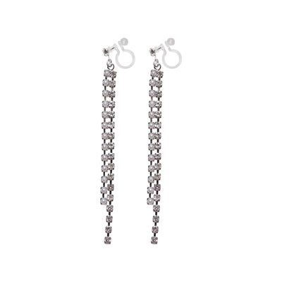 Dangle Silver Long Pearl & Rhinestone Crystal Invisible Clip On Earrings - Miyabi Grace