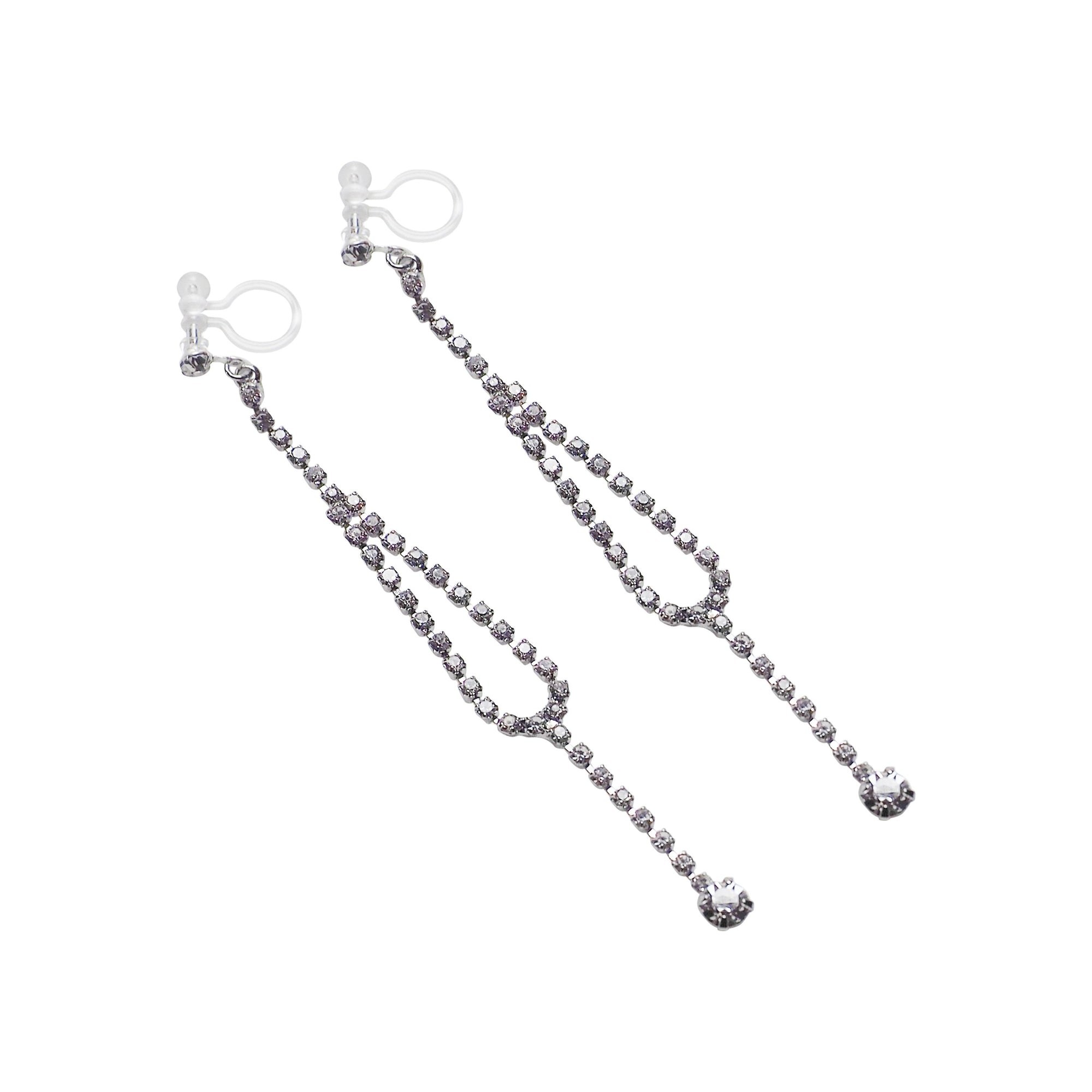 Dangle Silver Long Teardrop Rihnestone Crystal Invisible Clip On Earrings - Miyabi Grace