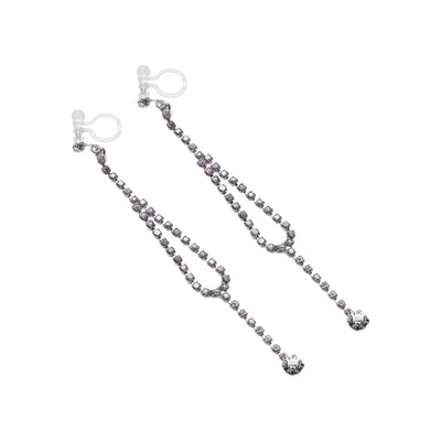 Dangle Silver Long Teardrop Rihnestone Crystal Invisible Clip On Earrings - Miyabi Grace