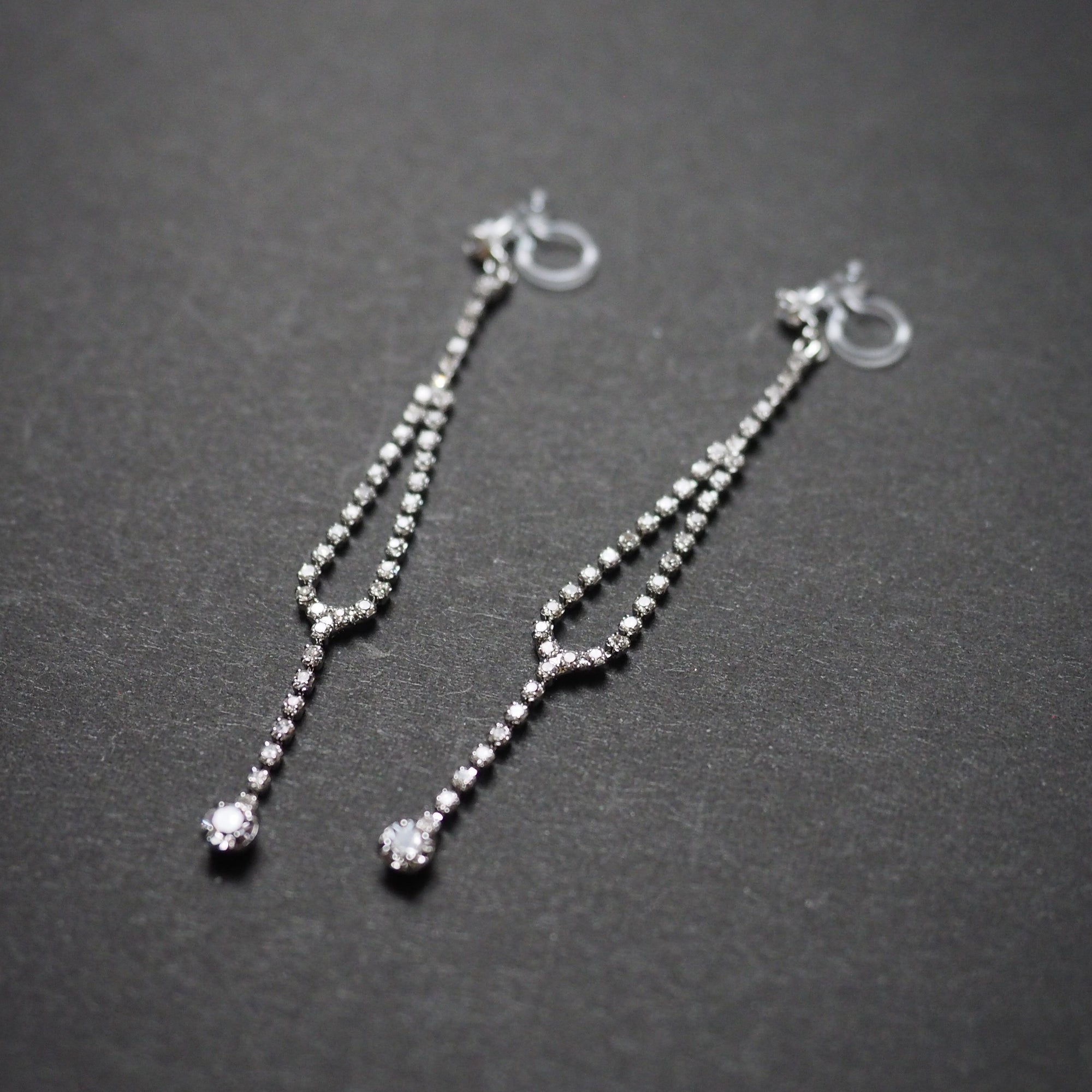 Dangle Silver Long Teardrop Rihnestone Crystal Invisible Clip On Earrings - Miyabi Grace