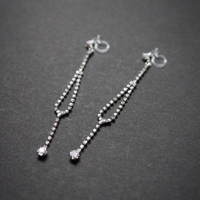 Dangle Silver Long Teardrop Rihnestone Crystal Invisible Clip On Earrings - Miyabi Grace