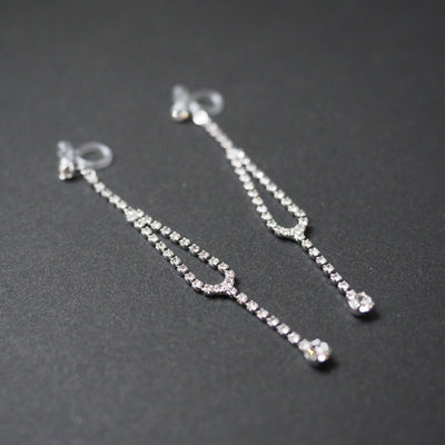 Dangle Silver Long Teardrop Rihnestone Crystal Invisible Clip On Earrings - Miyabi Grace