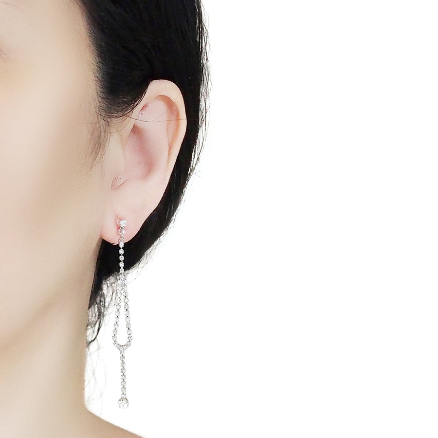 Dangle Silver Long Teardrop Rihnestone Crystal Invisible Clip On Earrings - Miyabi Grace