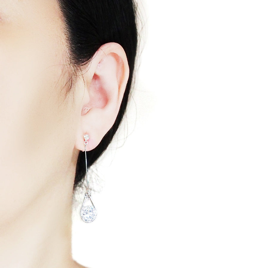 Dangle Silver Teardrop Cubic Zirconia Crystal Invisible Clip On Earrings - Miyabi Grace