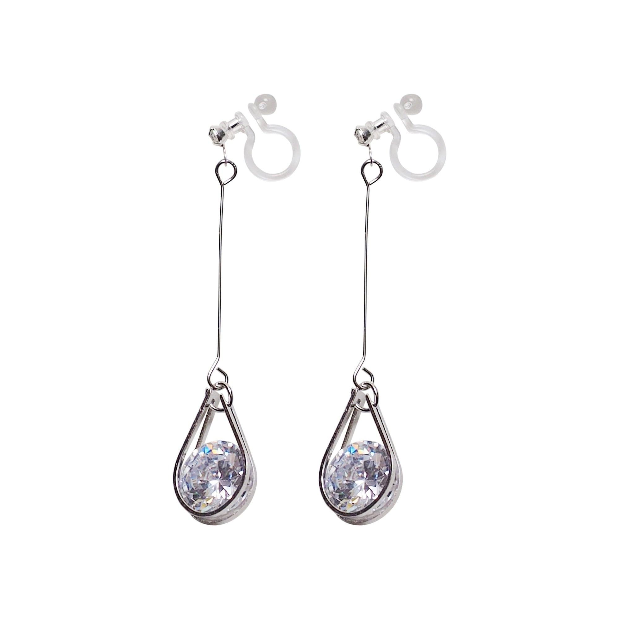 Dangle Silver Teardrop Cubic Zirconia Crystal Invisible Clip On Earrings - Miyabi Grace