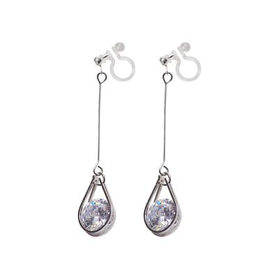 Dangle Silver Teardrop Cubic Zirconia Crystal Invisible Clip On Earrings - Miyabi Grace