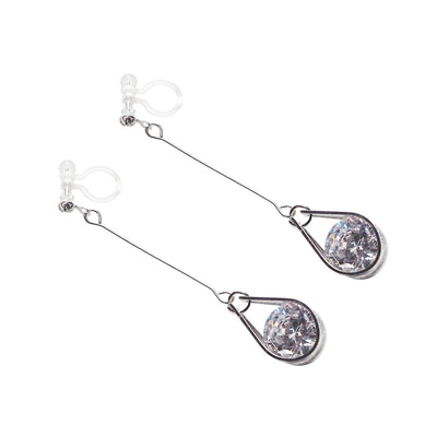 Dangle Silver Teardrop Cubic Zirconia Crystal Invisible Clip On Earrings - Miyabi Grace