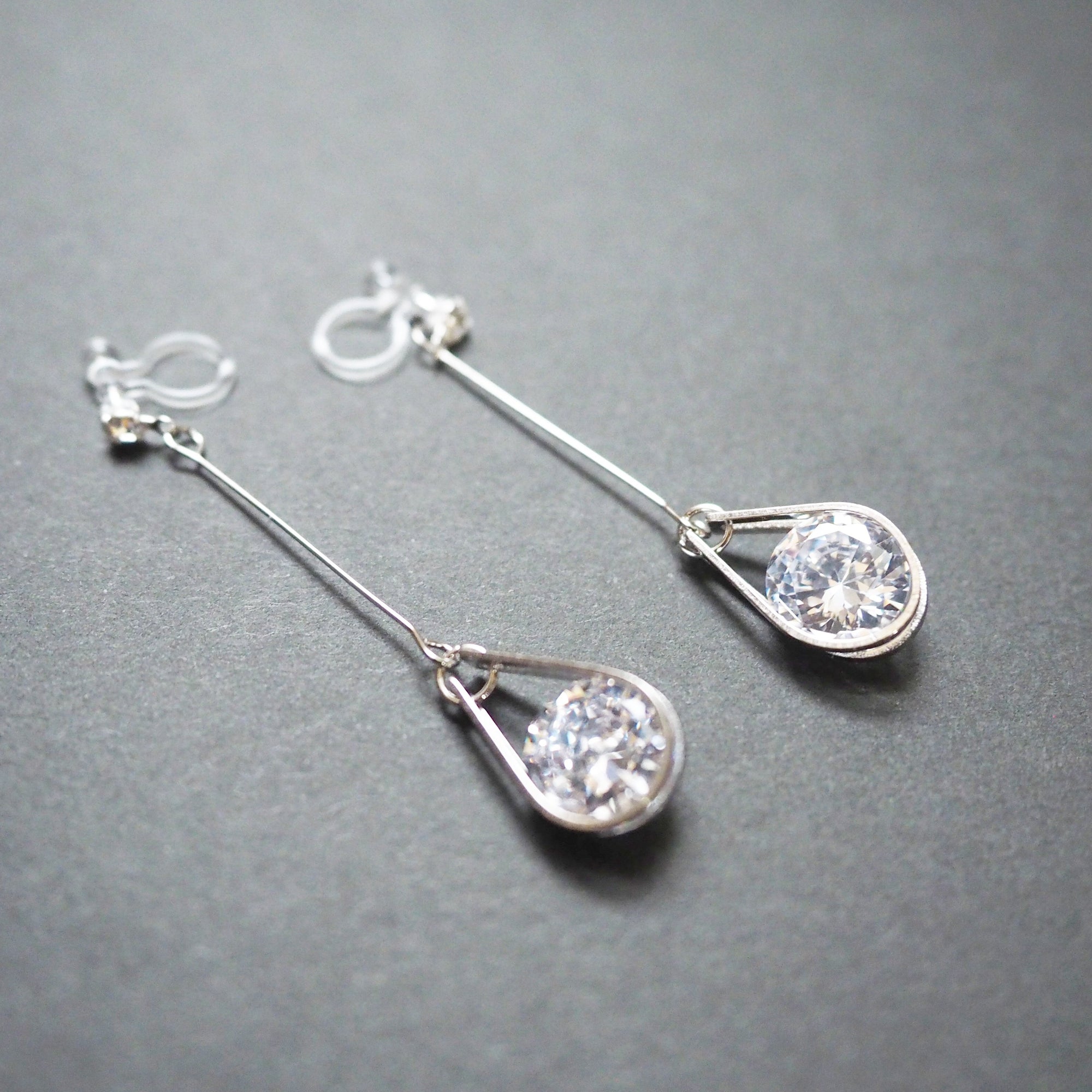 Dangle Silver Teardrop Cubic Zirconia Crystal Invisible Clip On Earrings - Miyabi Grace