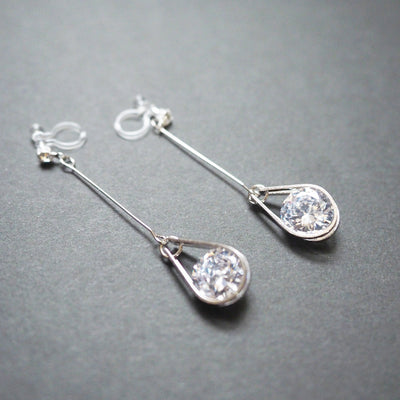 Dangle Silver Teardrop Cubic Zirconia Crystal Invisible Clip On Earrings - Miyabi Grace