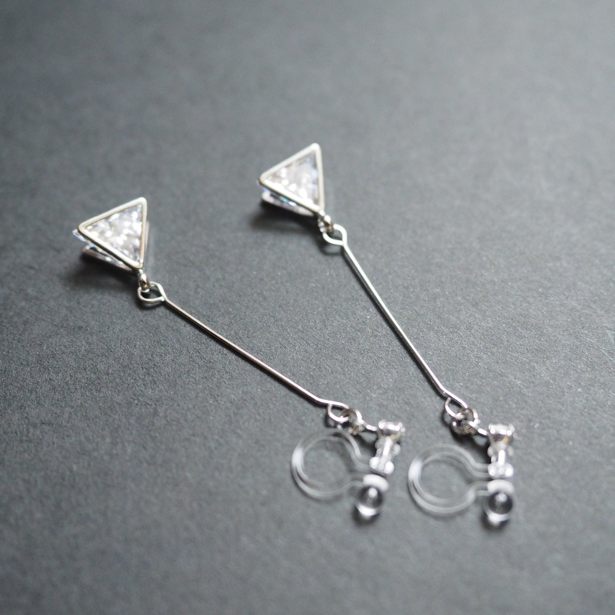 Dangle Silver Triangle Cubic Zirconia Crystal Invisible Clip On Earrings