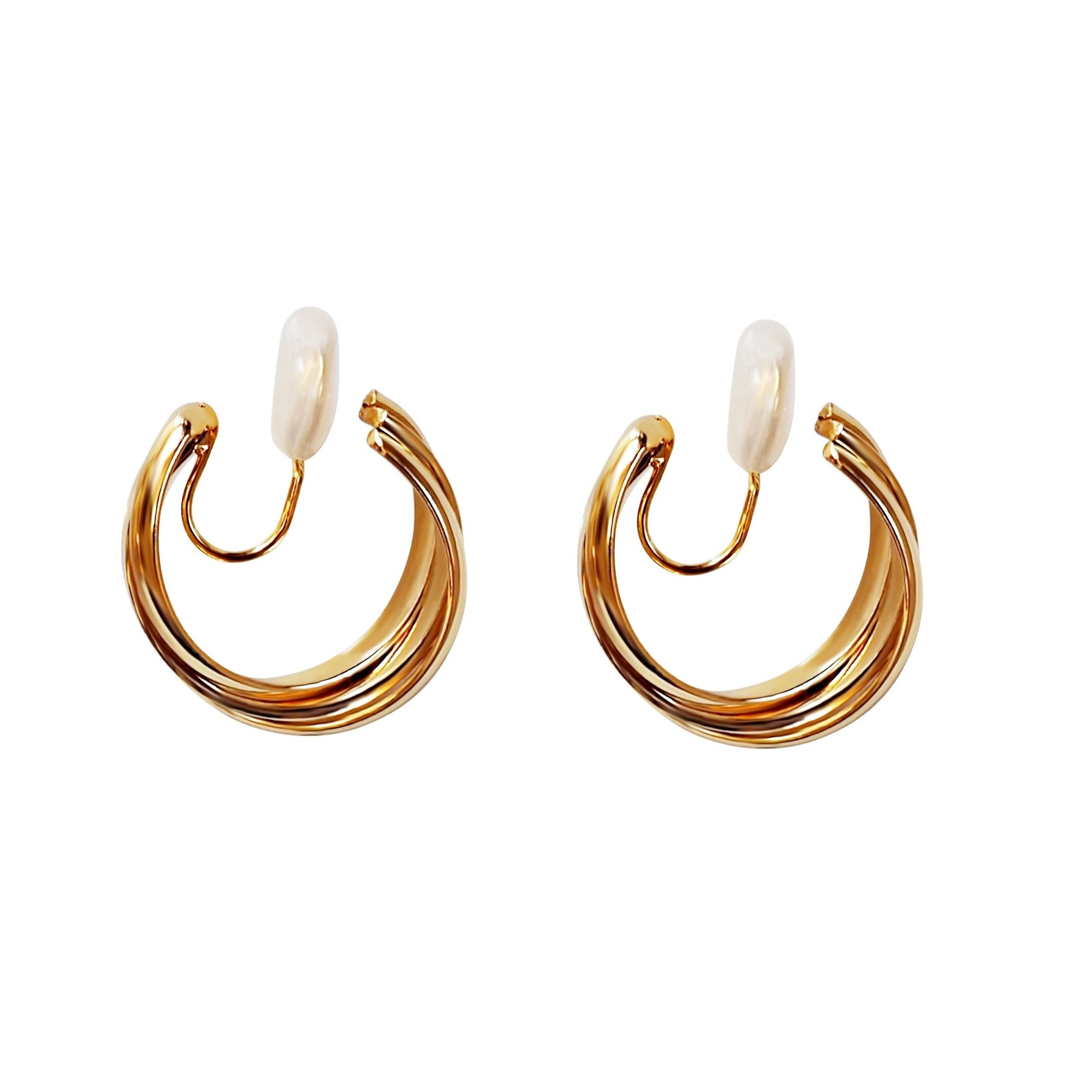 Gold 20mm Triple Hoop Clip Angle Adjustable Spiral Clip On Earrings