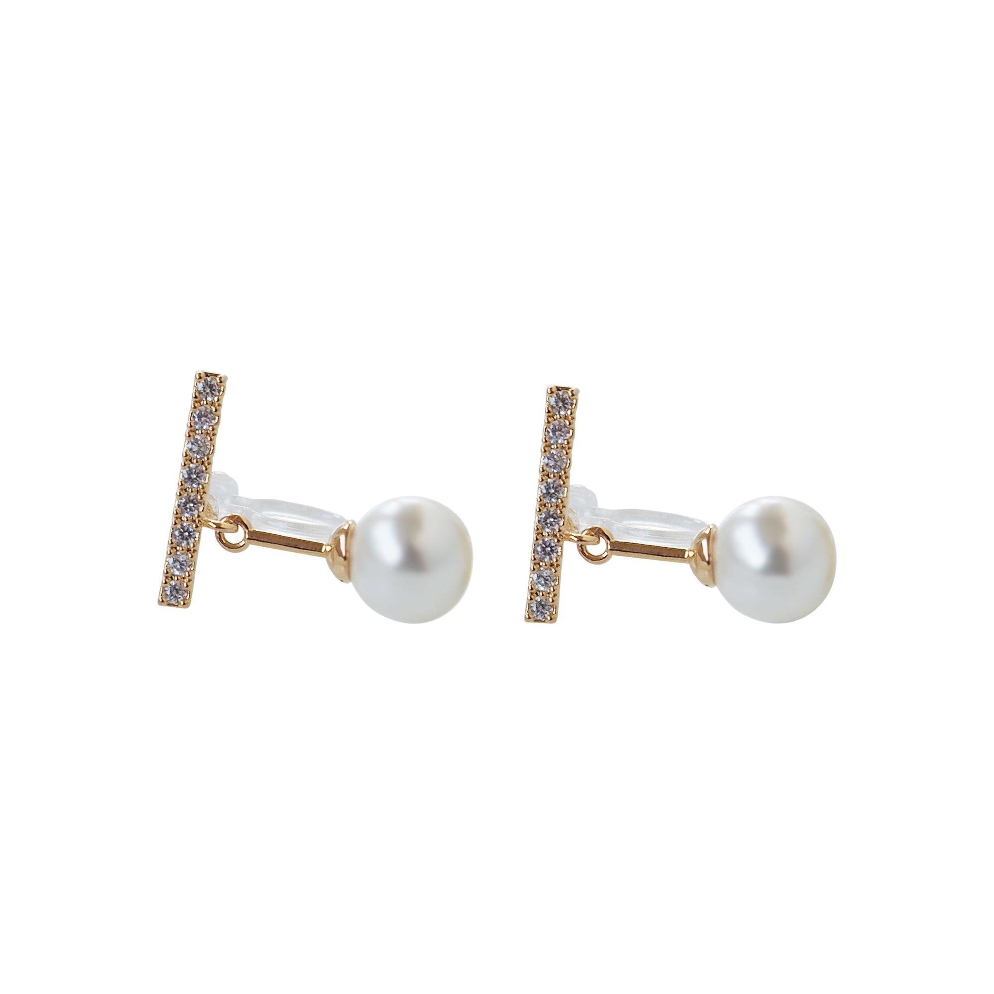 Dangle White Pearl & Pave Crystal Bar Invisible Clip On Earrings