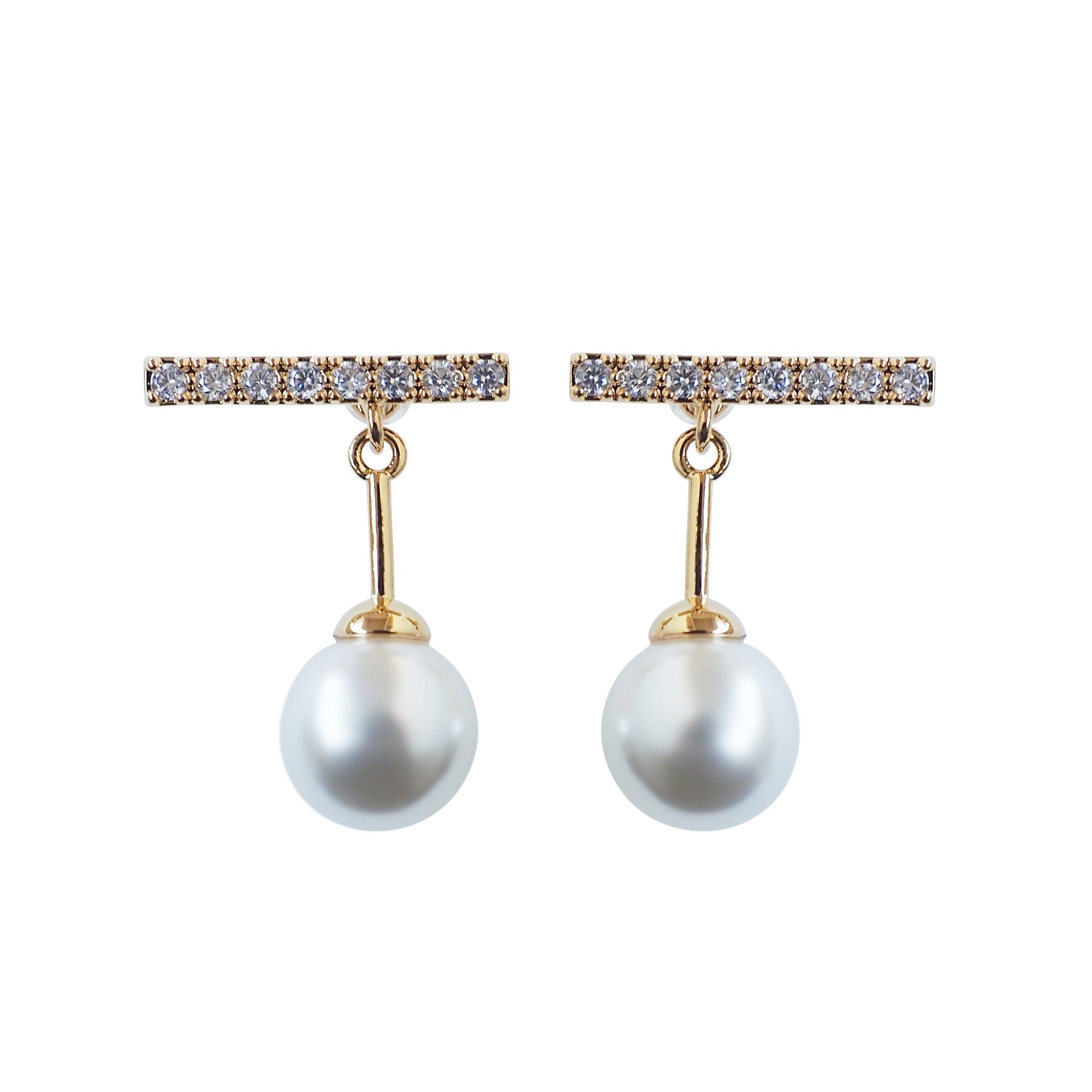 Dangle White Pearl & Pave Crystal Bar Invisible Clip On Earrings