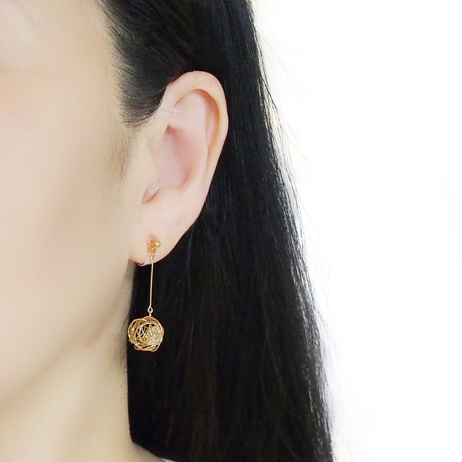 Dangle Gold Mesh Ball & CZ Crystal Invisible Clip On Earrings