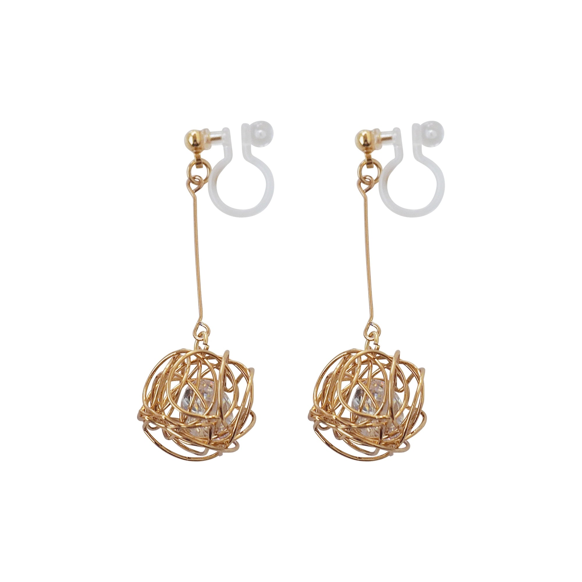 Dangle Gold Mesh Ball & CZ Crystal Invisible Clip On Earrings
