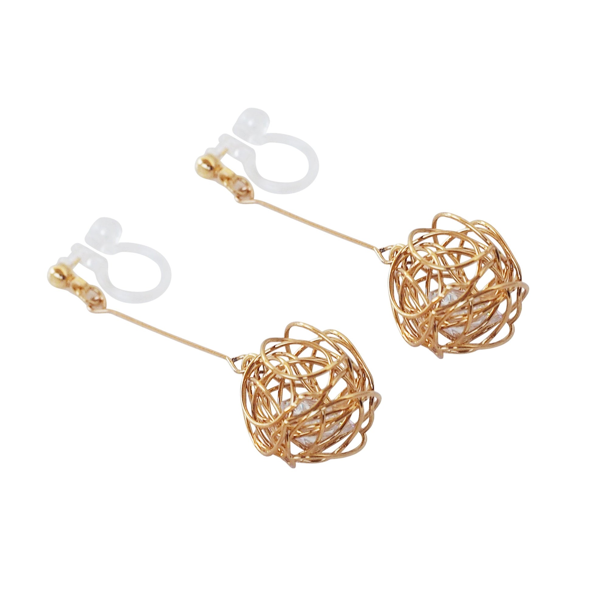 Dangle Gold Mesh Ball & CZ Crystal Invisible Clip On Earrings