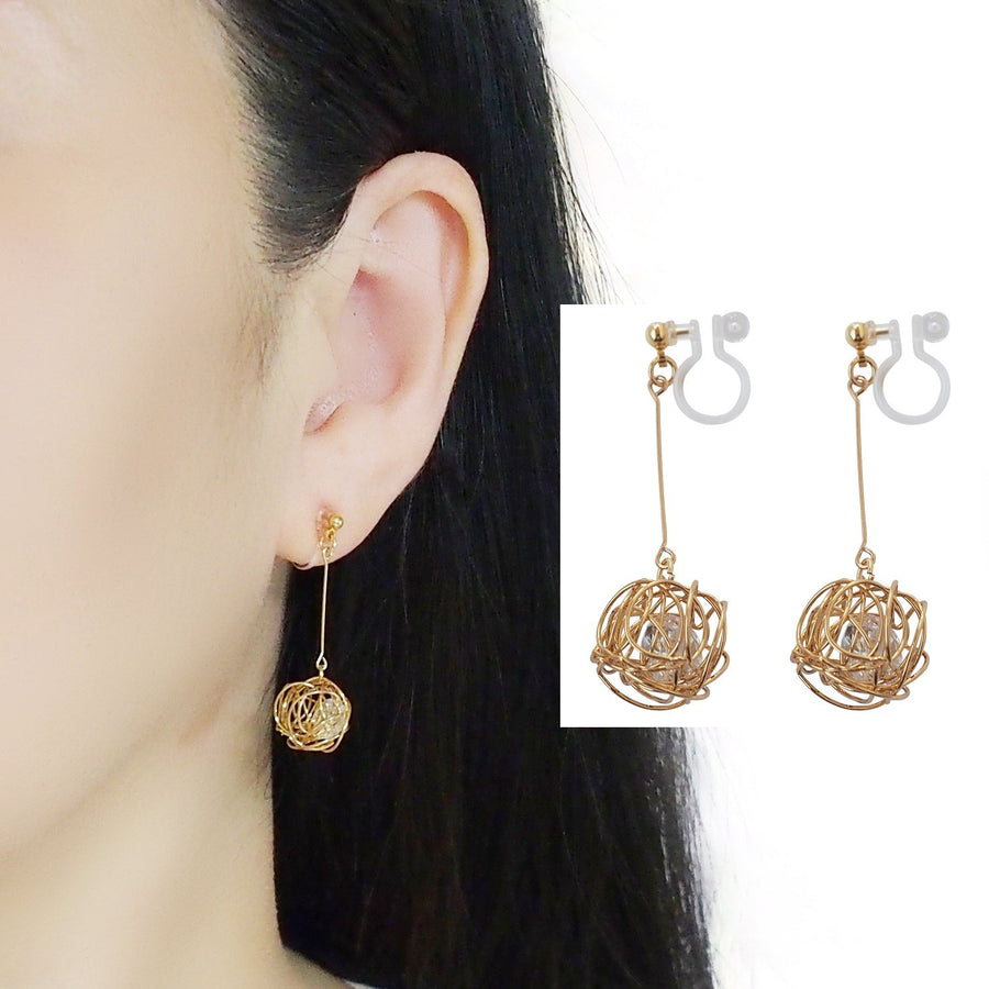 Dangle Gold Mesh Ball & CZ Crystal Invisible Clip On Earrings