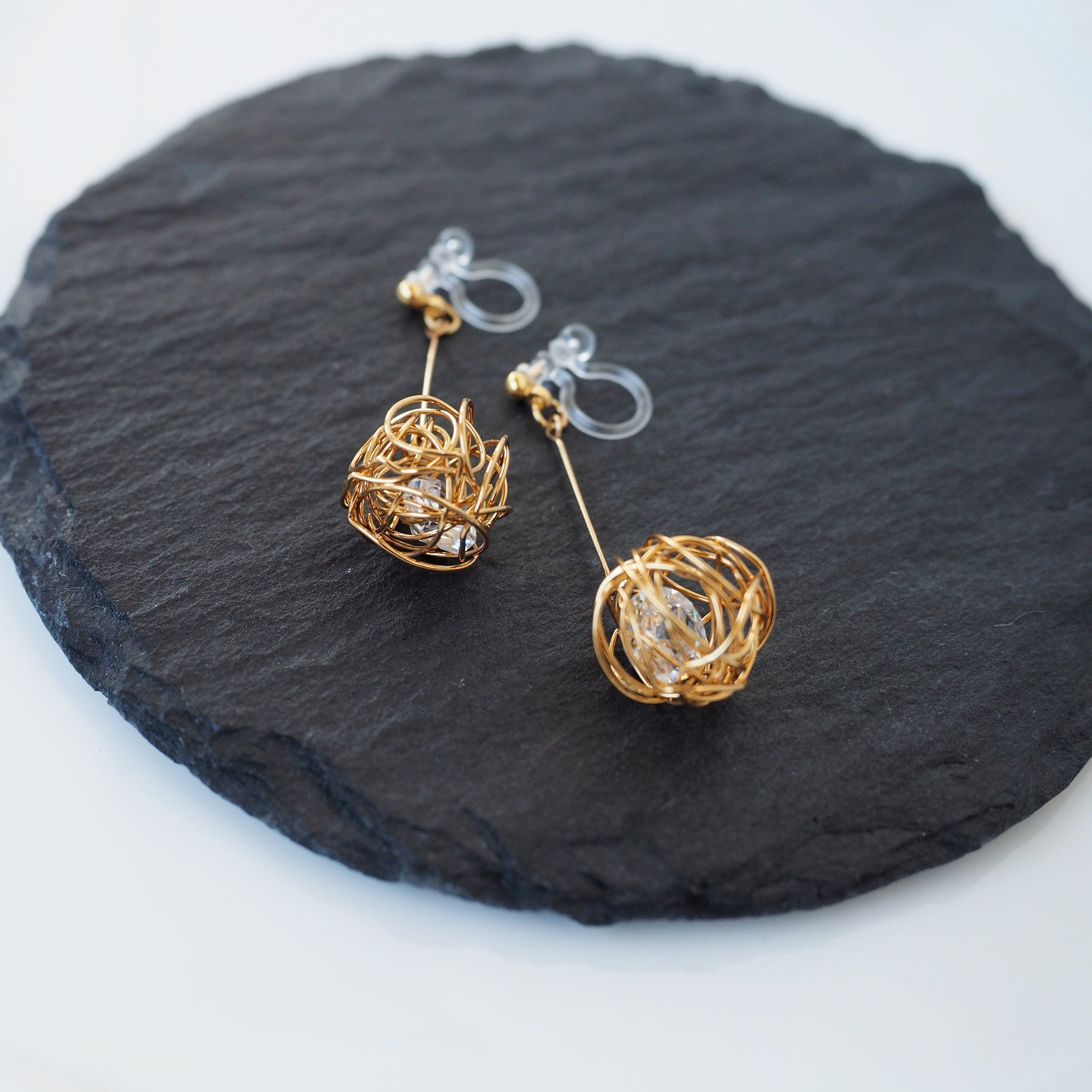 Dangle Gold Mesh Ball & CZ Crystal Invisible Clip On Earrings