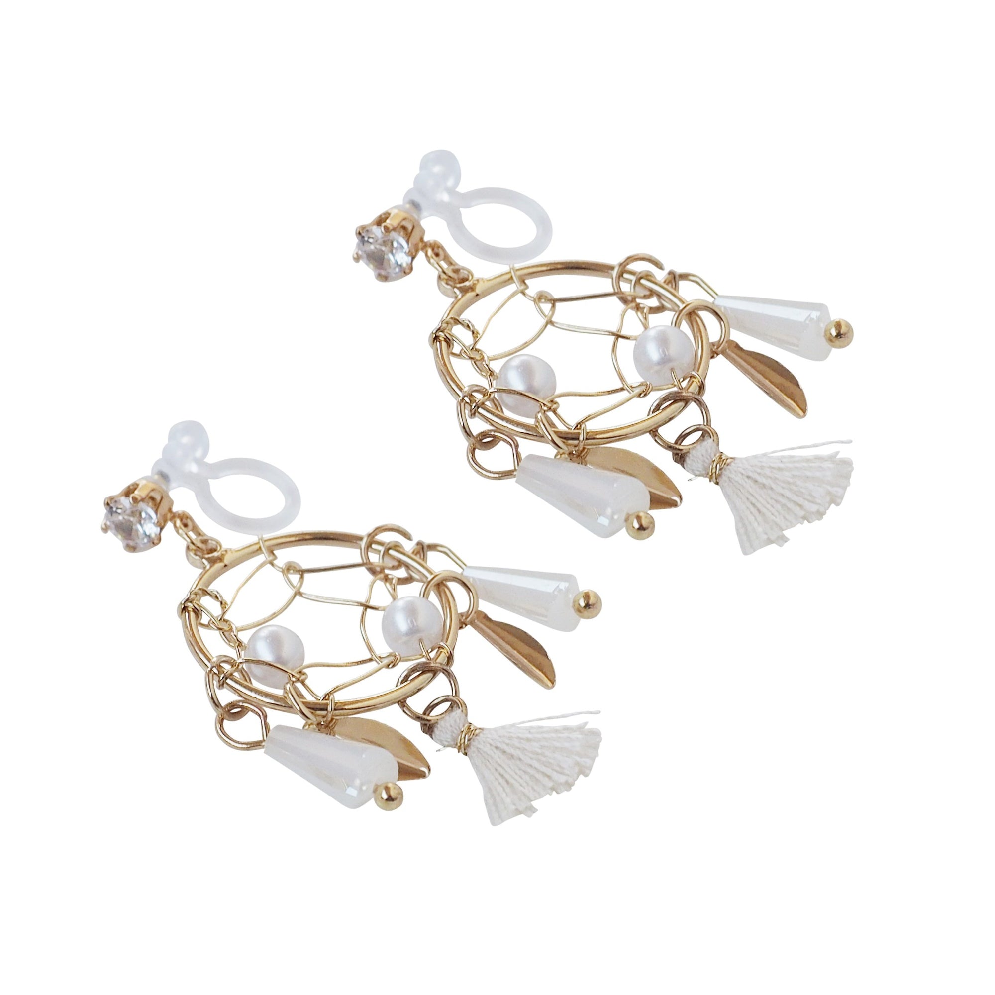 Dangle White Dream Catcher Invisible Clip On Earrings