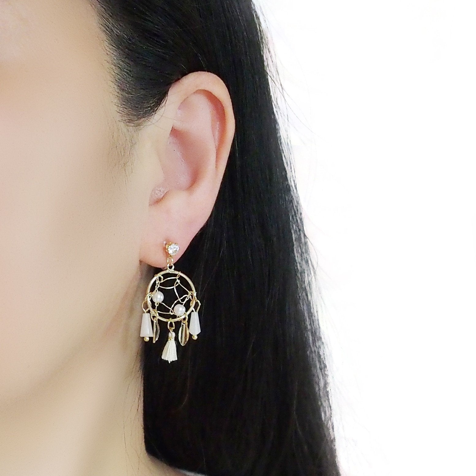 Dangle White Dream Catcher Invisible Clip On Earrings