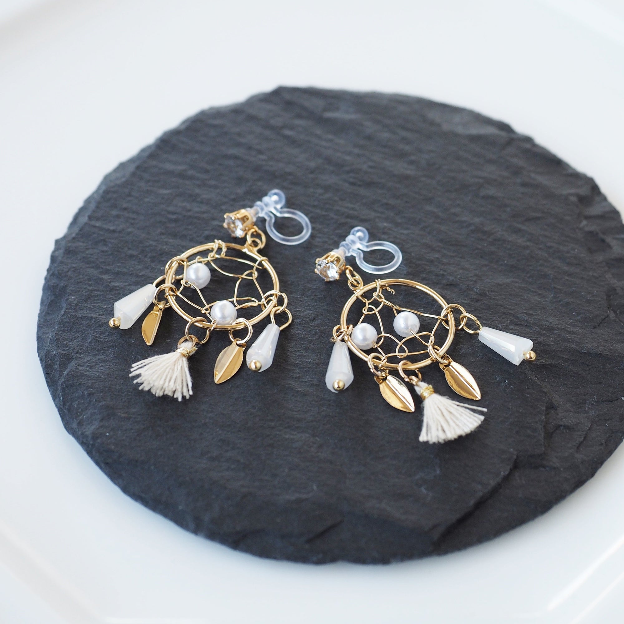 Dangle White Dream Catcher Invisible Clip On Earrings