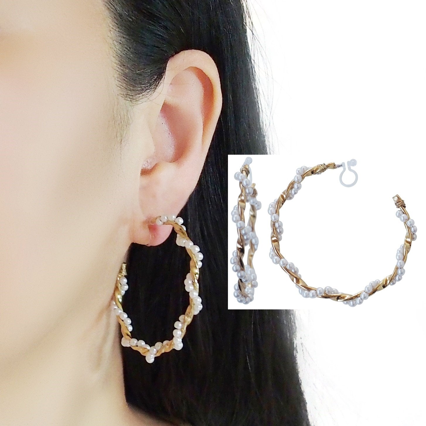 Large White Pearl Invisible Clip On Hoop Earrings