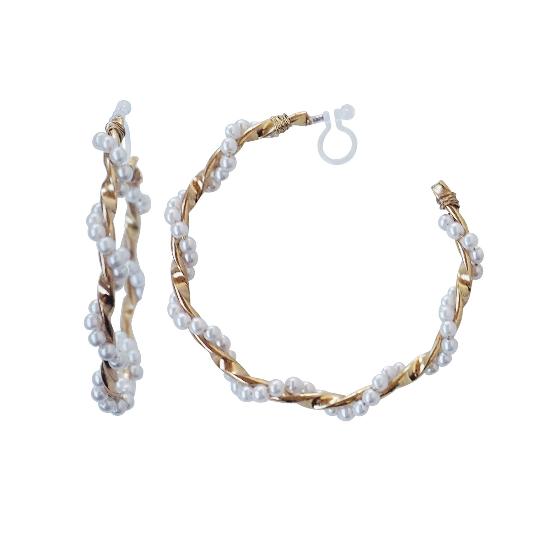 Large White Pearl Invisible Clip On Hoop Earrings