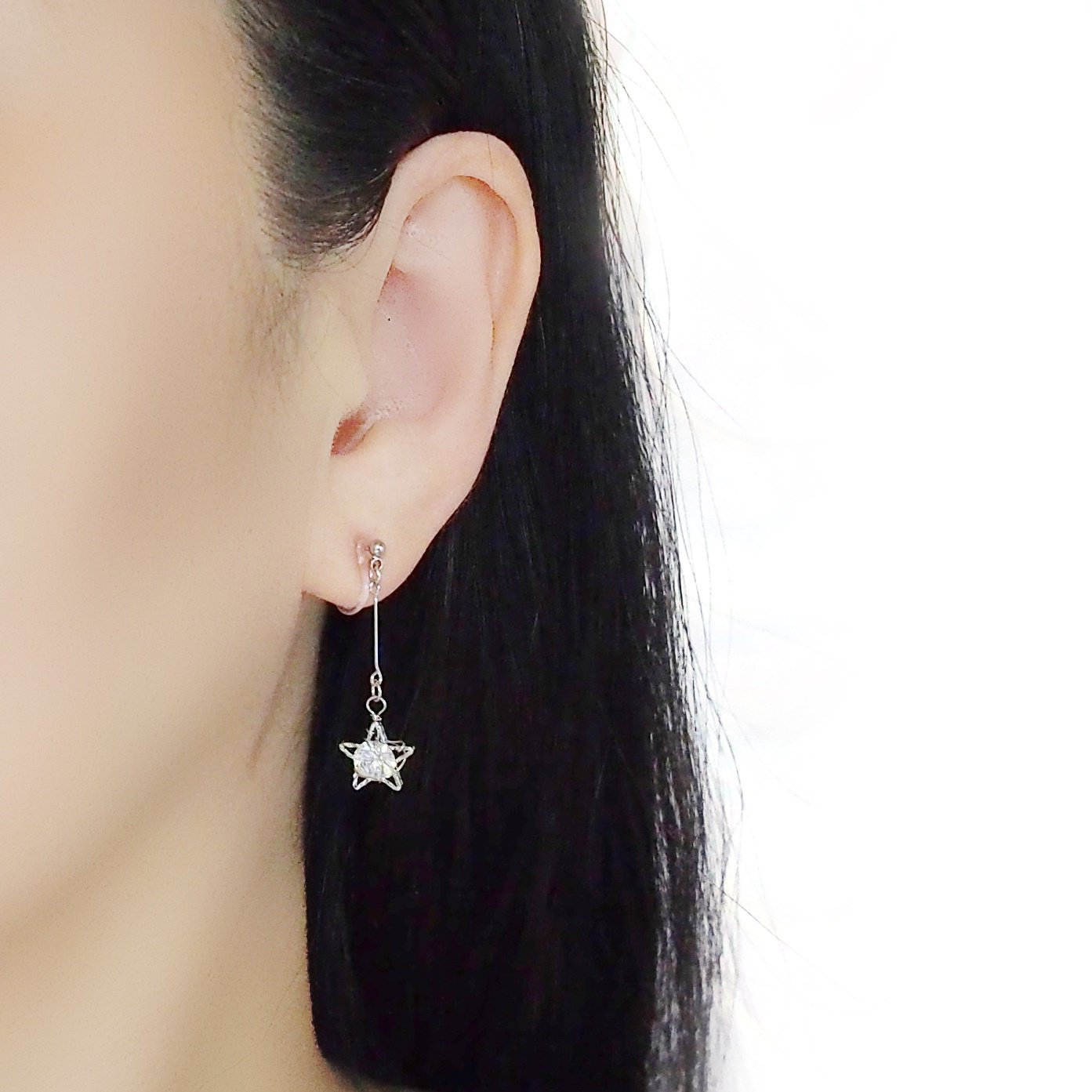 Dangle Silver Star & CZ Crystal Invisible Clip On Earrings