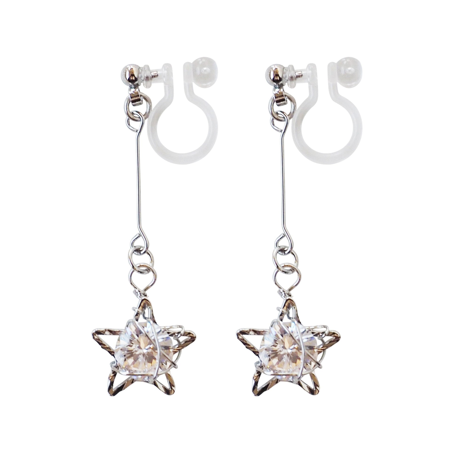 Dangle Silver Star & CZ Crystal Invisible Clip On Earrings