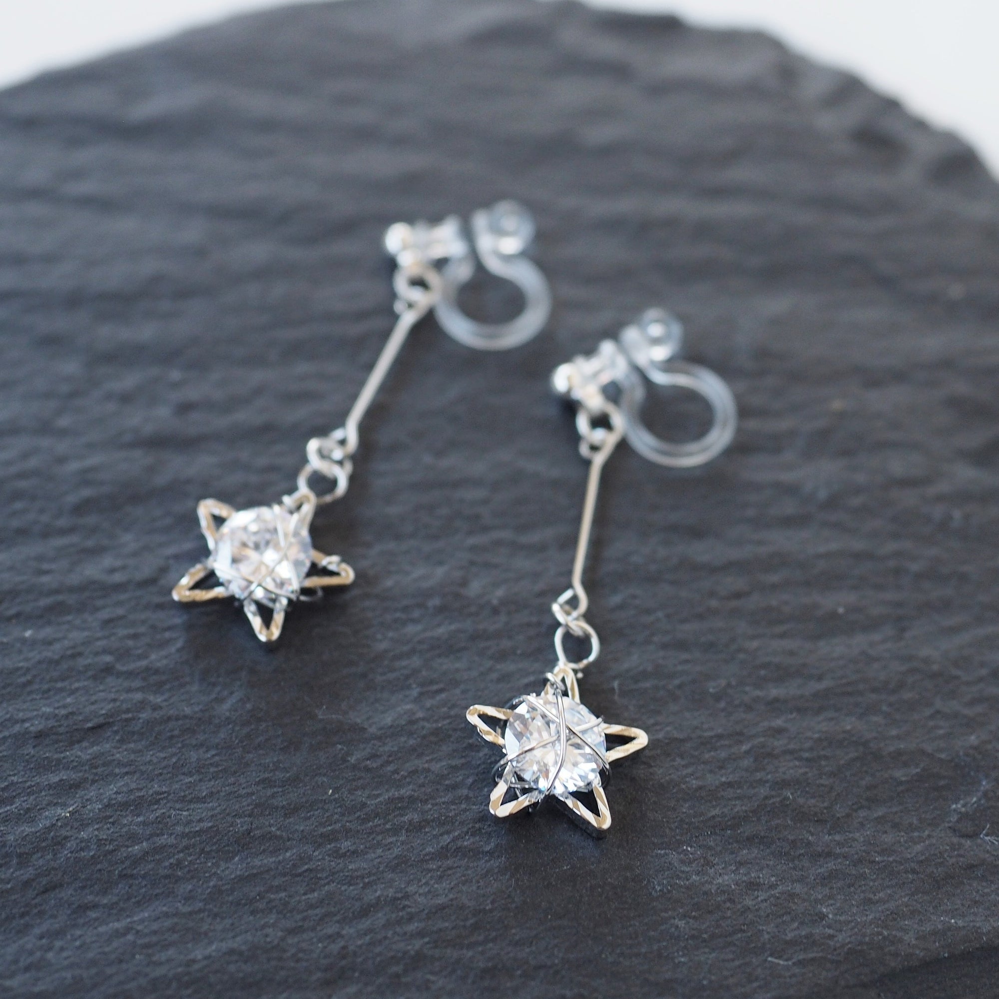 Dangle Silver Star & CZ Crystal Invisible Clip On Earrings